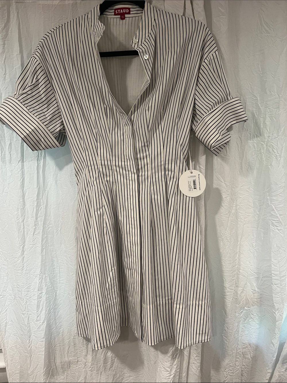 STAUD White Dress with Black Pinstripes